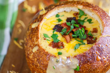 beer cheese soup in a bread bowl