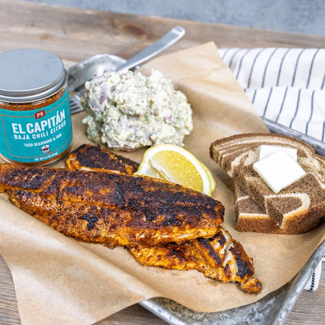 blackened walleye recipe, pan seared walleye, El Capitan Chili Citrus Taco Rub, PS Seasoning fish recipe, cast iron blackened fish, freshwater fish dinner, chili citrus seafood seasoning