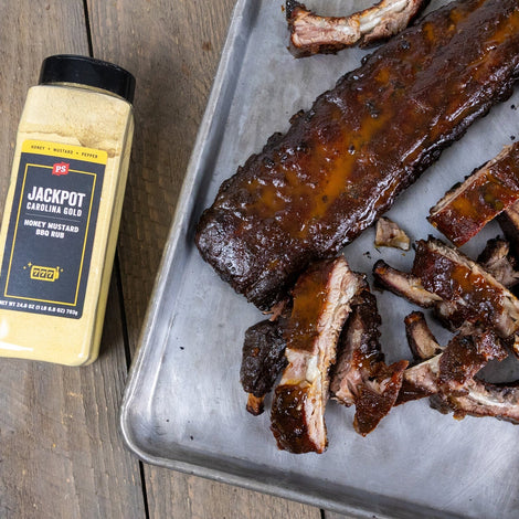 jackpot ribs with large seasoning bottle