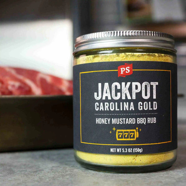 A jar of Jackpot, our Honey Mustard BBQ Rub 