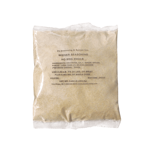 Packaged Wiener Seasoning with ingredient list included.