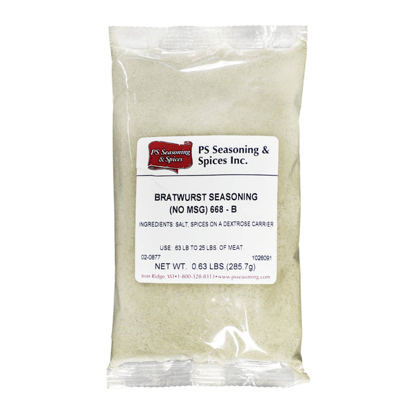Package of Bratwurst Seasoning with the ingredient list attached. Ingredients include salt, spices on a dextrose carrier.