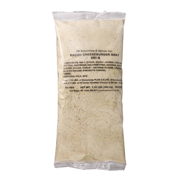 Package of Bacon Cheeseburger Bratwurst Seasoning with ingredients list attached.