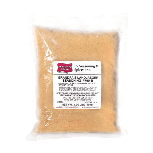Packaged Grandpa's Landjaeger Seasoning. Ingredients include salt, dextrose, spices, and garlic.