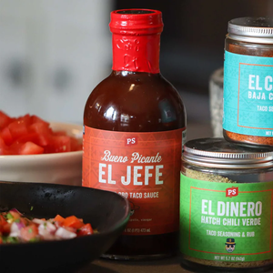 El Jefe Taco sauce next to a jar of El Capitán, and El Dinero