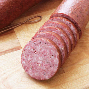 Blue Ribbon Summer Sausage cut into pieces.