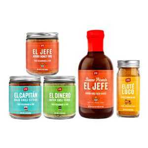 Taco Tuesday Essentials Set. Comes with El Jefe Taco Seasoning, El Capitán, El Dinero, El Jefe Taco Sauce, and Eloté Loco