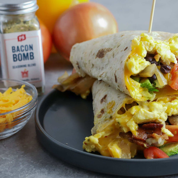 A breakfast burrito made with Bacon Bomb.