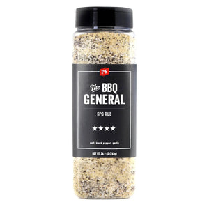 A large, 26.9 OZ, of The BBQ General - SPG Seasoning Rub