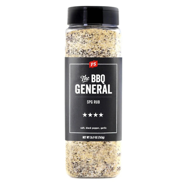 A large, 26.9 OZ, of The BBQ General - SPG Seasoning Rub
