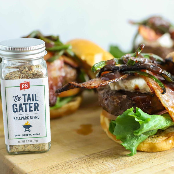 A burger made with The Tailgater - Ballpark Blend