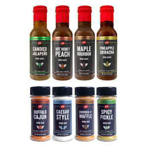 The Total Wingdom Set comes with 4 different wing sauces and 4 different wing rubs. Cadied Jalapeno, Hot Honey peach, Maple Bourbon, Pineapple Sriracha, Buffalo Cajun, Caesar Style, Chicken and Waffle, and Spicy Pickle are all included.
