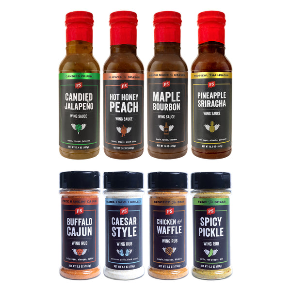 The Total Wingdom Set comes with 4 different wing sauces and 4 different wing rubs. Cadied Jalapeno, Hot Honey peach, Maple Bourbon, Pineapple Sriracha, Buffalo Cajun, Caesar Style, Chicken and Waffle, and Spicy Pickle are all included.