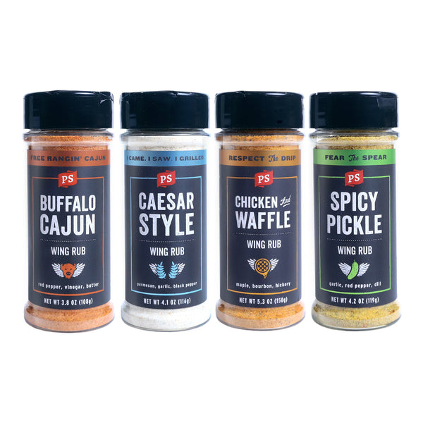 Wing Flight 4 Pack includes Buffalo Cajun, Caesar Style, Chicken and Waffle, and Spicy Pickle Wing Rubs