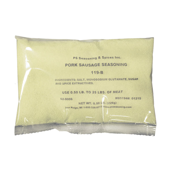 Packaged Fresh Sausage Seasoning made by PS Seasonings ready to be shipped and delivered. Made with salt, monosodium glutamate, sugar and spice extractives.
