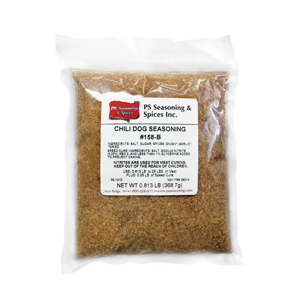 Packaged Chili Dog Blend with ingredient list attached. Ingredients include salt, sugar, spices, onion, and garlic.