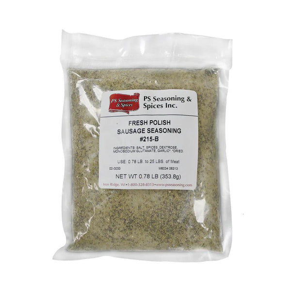 Packaged Blue Ribbon Fresh Polish Sausage Blend made by PS Seasoning. Attached are the ingredients which includes salt, spices, dextrose, monosodium glutamate, and garlic.