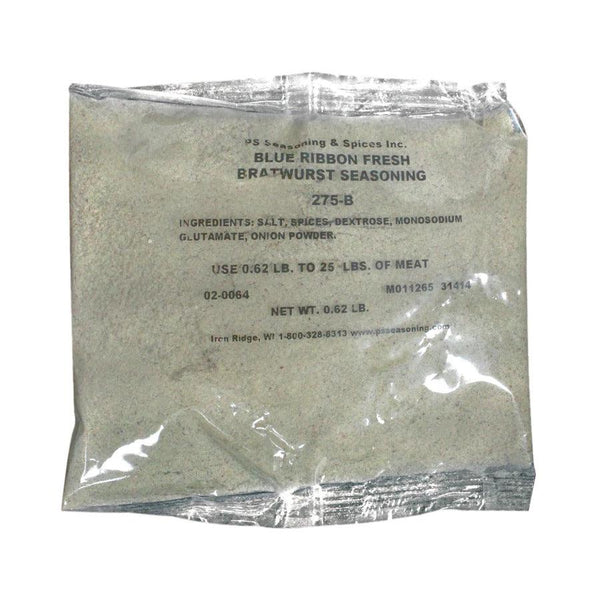 Packaged Blue Ribbon Bratwurst Blend. Made with Salt, spices, dextrose, monosodium glutamate, and onion powder