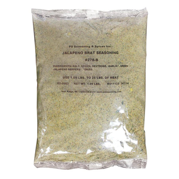 Packaged Jalapeno Bratwurst Seasoning Blend. Attached are the ingredients which includes salt, spices, dextrose, garlic, green jalapeno peppers.