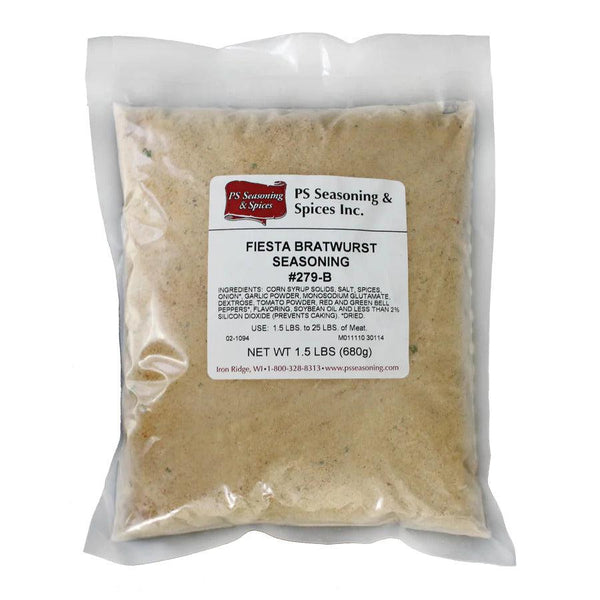 Package of Fiesta Bratwurst Seasoning ready to be shipped and delivered. Attached is the ingredients that it takes to make this product.