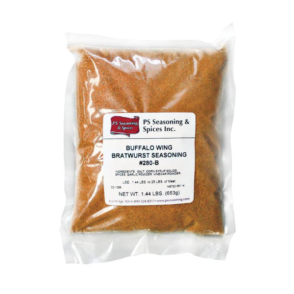 Packaged Buffalo Wing Bratwurst Seasoning with ingredient list attached. Ingredients include salt, corn syrup, spices, garlic powder, and vinegar powder.