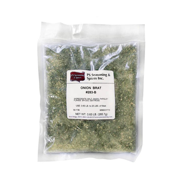 Packaged Onion Bratwurst Seasoning ready to be shipped and delivered. Ingredients include salt, onion, parsley flakes, spices, dextrose.