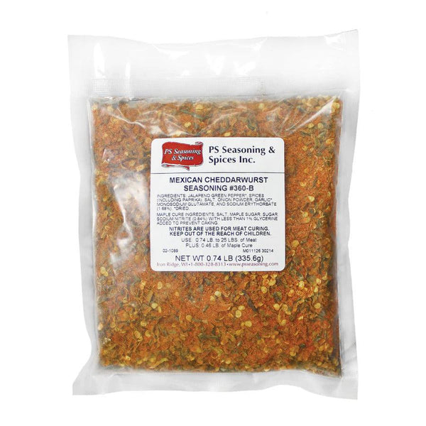Packaged Mexican Cheddarwurst Seasoning with ingredient list included.