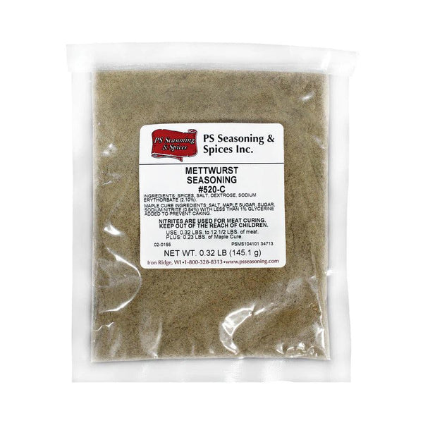 Packaged Mettwurst Seasoning with ingredients list included. Ingredients include spices, salt, dextrose, sodium erythorbate.