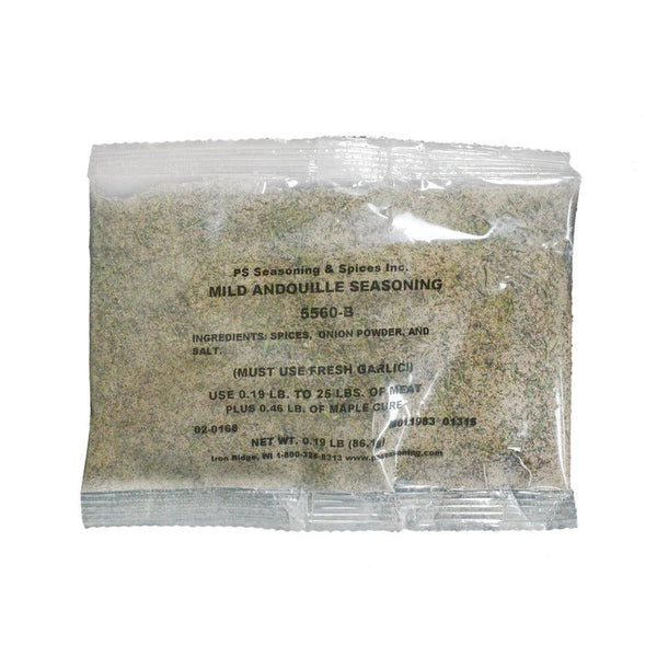 Packaged Mild Andouille Sausage Seasoning. Ingredients for this blend includes spices, onion powder, and salt.