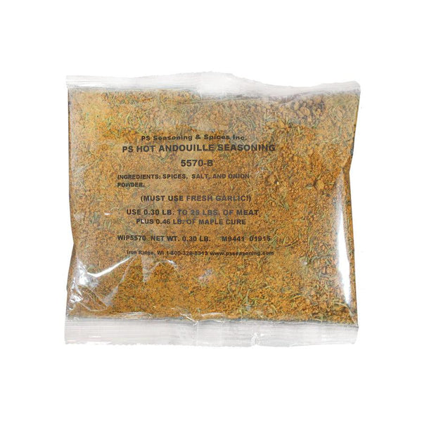 Packaged Andouille Sausage Seasoning with ingredient list attached. Ingredients include spices, salt, and onion powder.