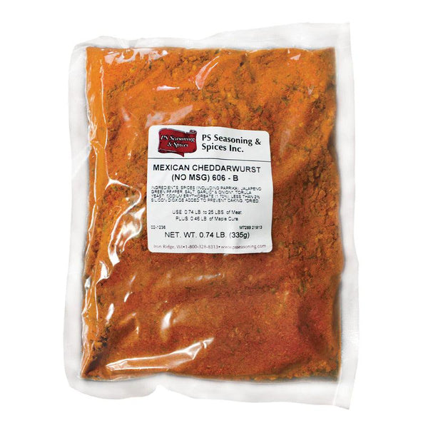 Packaged Mexican Cheddarwurst Seasoning with ingredients list attached.