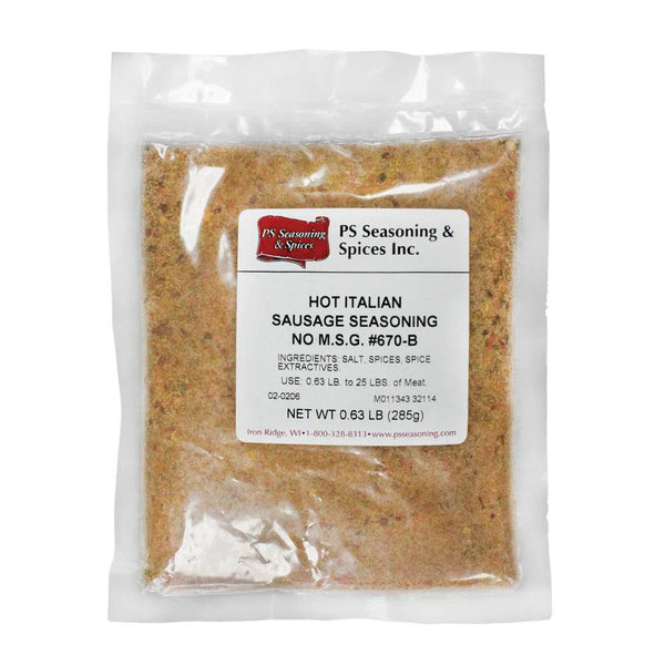 Packaged Italian Sausage Seasoning with ingredients list attached. Ingredients include salt, spices, spice extractives.