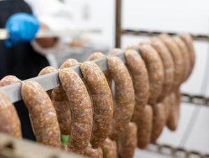 Rack of sausage made with Natural Hog Casings
