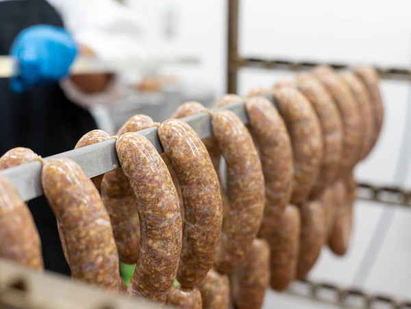Rack of sausage made with Natural Hog Casings