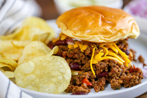 chili sloppy joe sandwich with chips