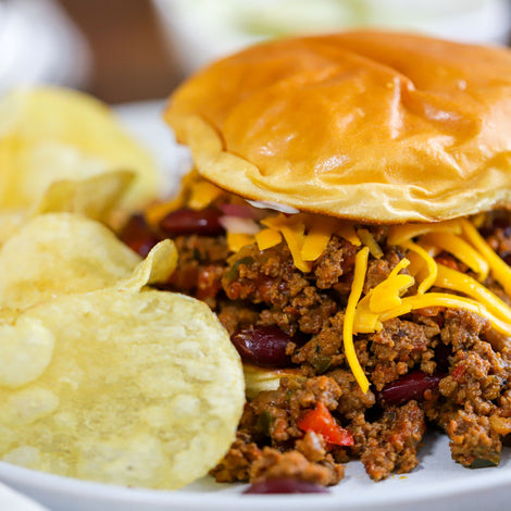 chili sloppy joe sandwich with chips