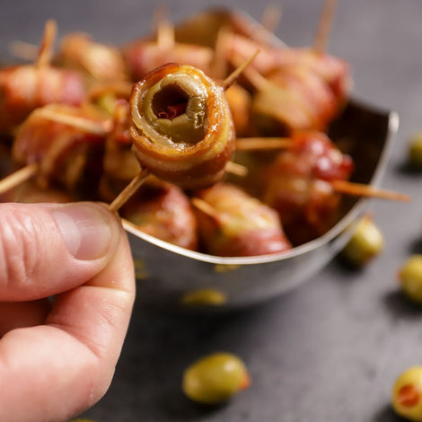 bacon wrapped green olive