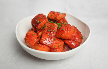 Rodeo Rub Salmon Burnt Ends - smoked salmon bites glazed with Candied Jalapeno Wing Sauce