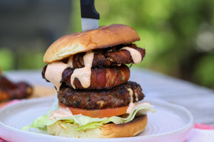 Stuffed Burger with Smoked Bacon Wrapped Onion Rings