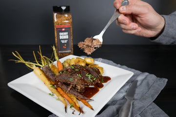 cherry bomb chuck roast with person eating and seasoning bottle in background