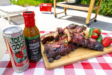 Plated Strawberry Jalapeno Ribs with a can of Jolly Good Strawberry Soda