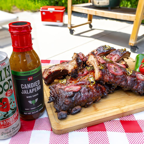 Plated Strawberry Jalapeno Ribs with a can of Jolly Good Strawberry Soda