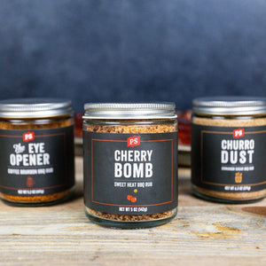 bbq rubs in a row - eye opener, cherry bomb, churro dust