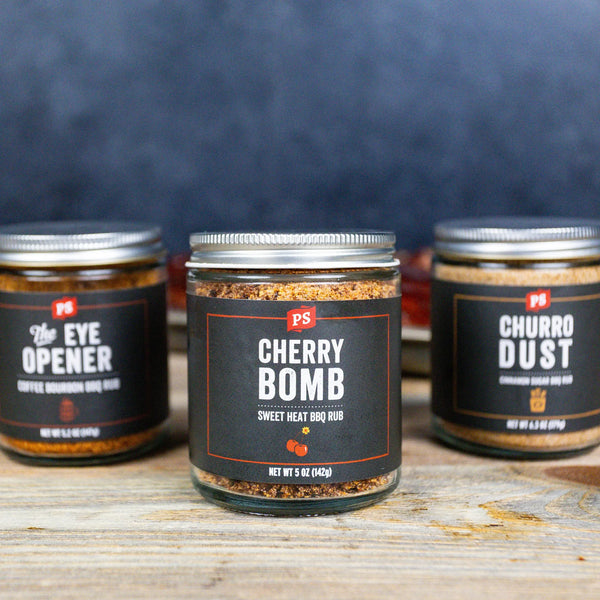 bbq rubs in a row - eye opener, cherry bomb, churro dust