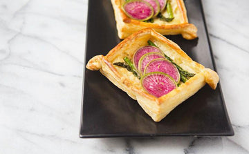 Gruyere Watermelon Radish Asparagus Tarts