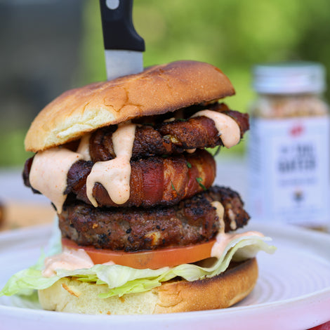 Stuffed Burger with Smoked Bacon Wrapped Onion Rings