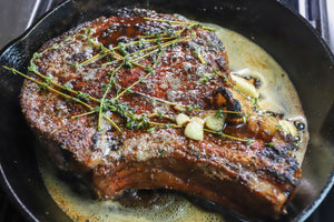 Dry aged beef on a cutting board