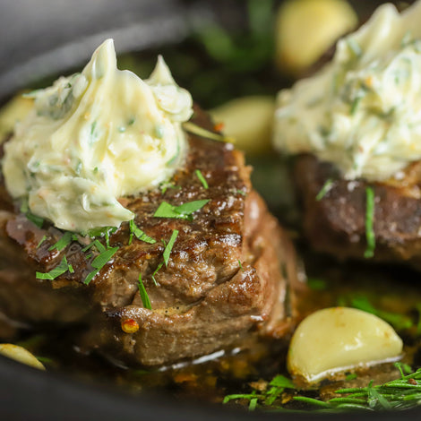 Bourbon Marinated Steak with Pepper Compound Butter