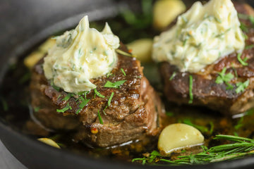 Bourbon Marinated Steak with Pepper Compound Butter