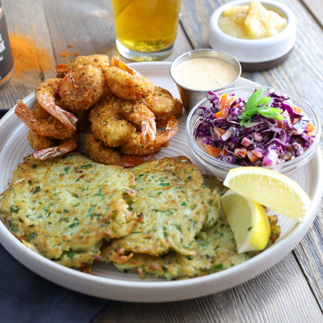 Nashville Hot Fried Shrimp & Potato Pancakes